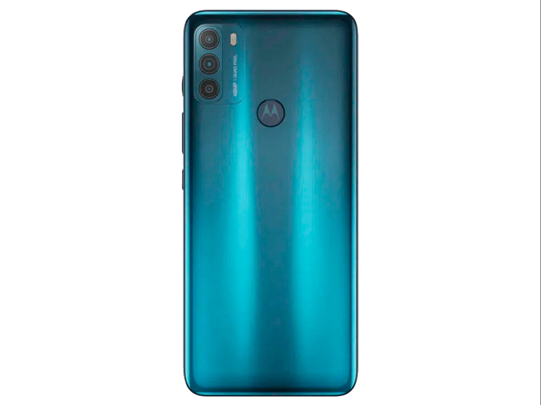 Teléfono inteligente Motorola Moto G50 color azul, vista frontal y posterior.