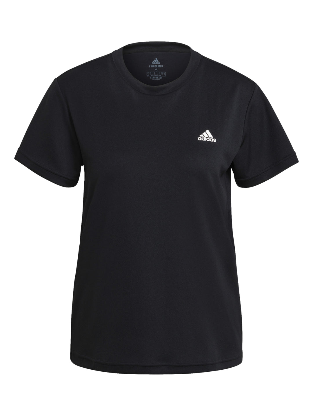 Mujer vistiendo una playera deportiva Adidas de color negro con logo blanco en el pecho.