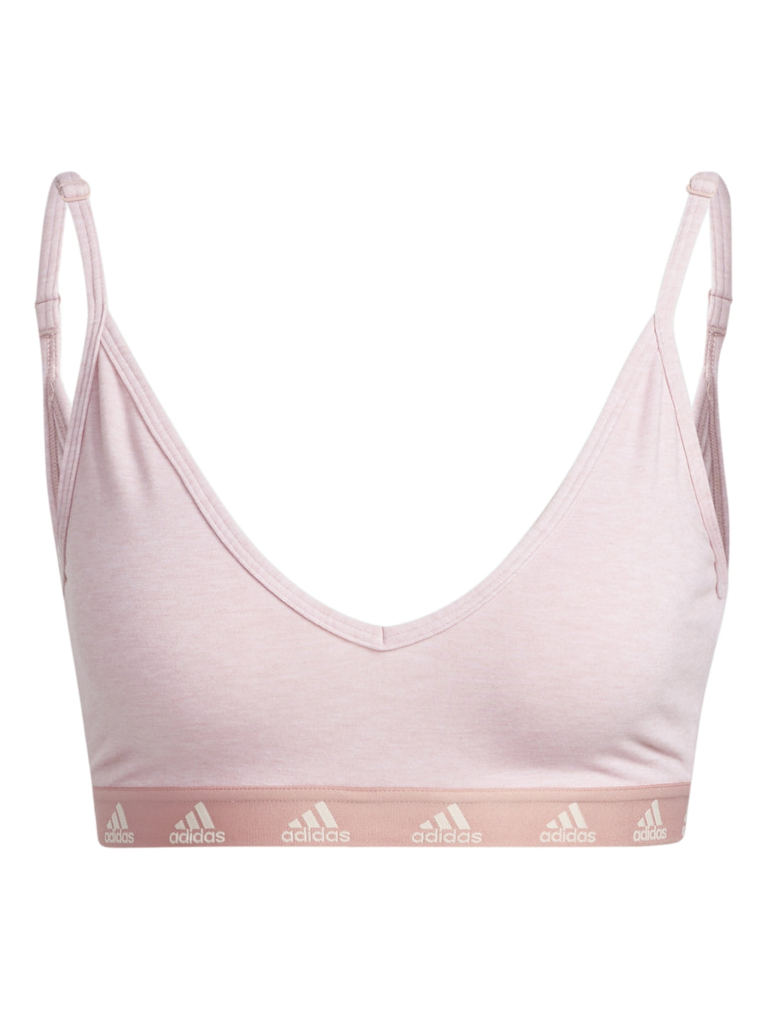 Bra deportivo Adidas en color rosa claro con tirantes delgados y banda elástica inferior blanca.