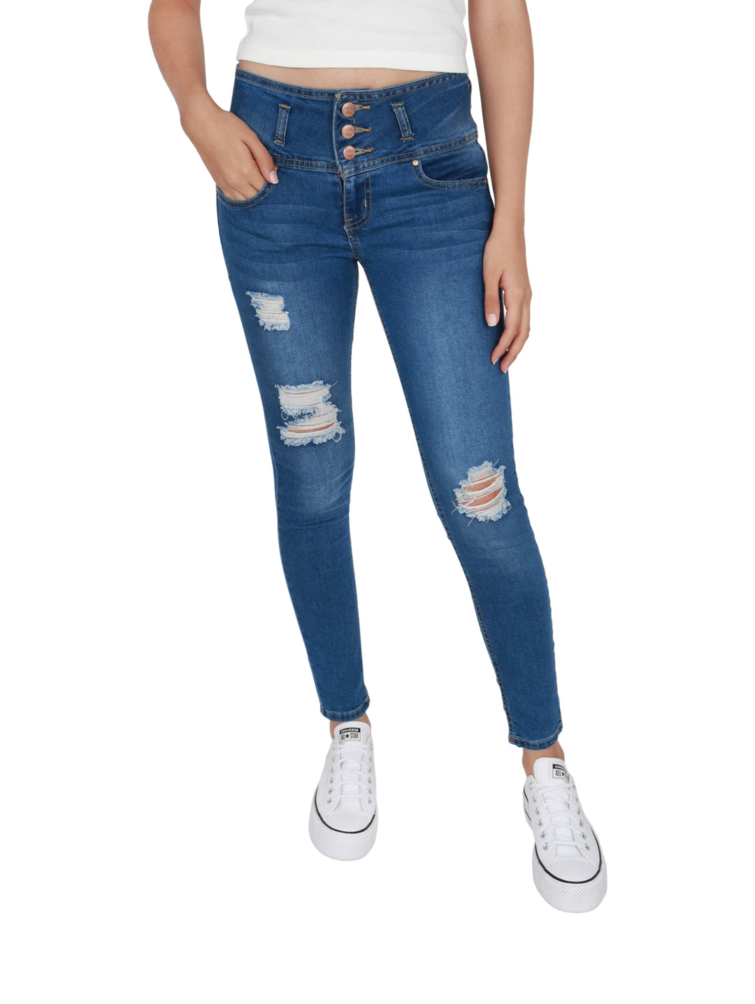Jeans azules ajustados para mujer con roturas y cintura alta con botones.