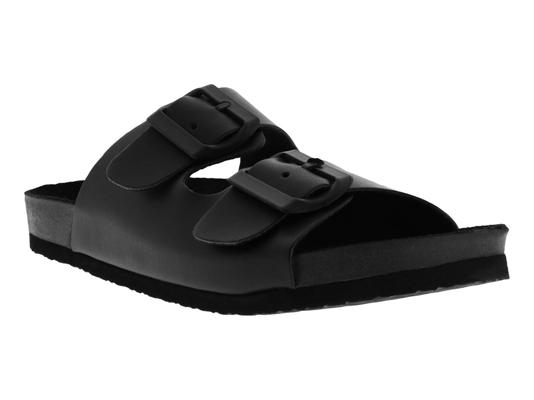 Sandalia infantil color negro con dos correas ajustables mediante hebillas y suela plana.