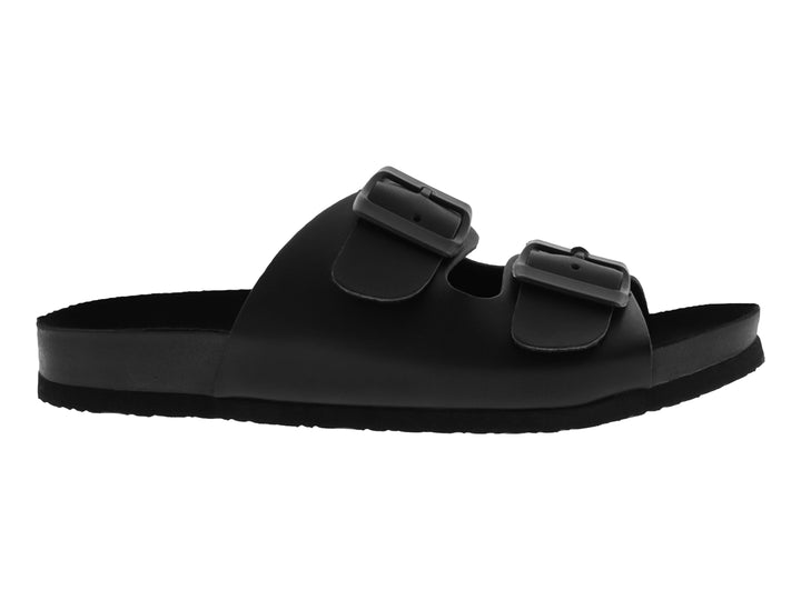 Sandalia infantil color negro con dos correas ajustables mediante hebillas y suela plana.