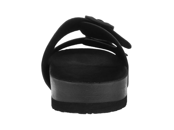 Sandalia infantil color negro con dos correas ajustables mediante hebillas y suela plana.
