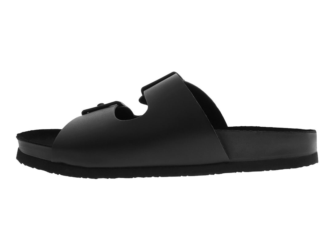 Sandalia infantil color negro con dos correas ajustables mediante hebillas y suela plana.