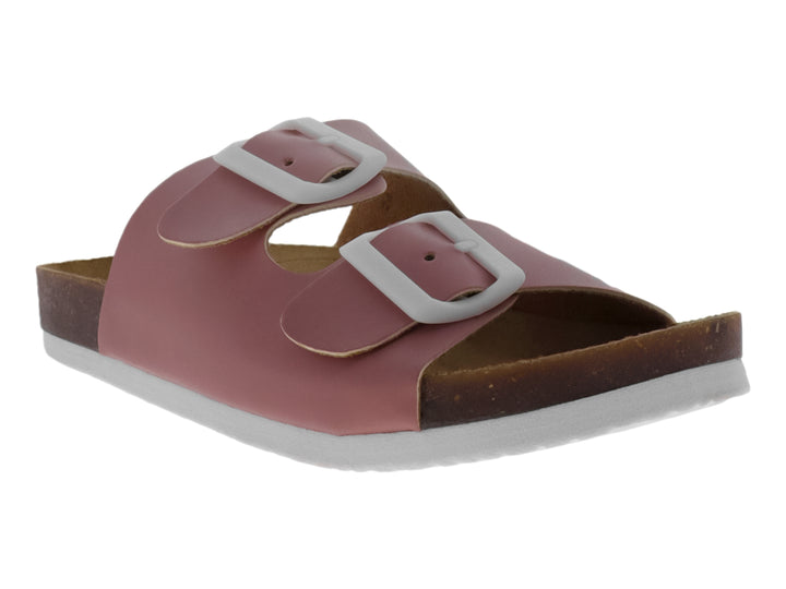 Sandalias infantiles color rosa con dos correas ajustables y hebillas blancas.