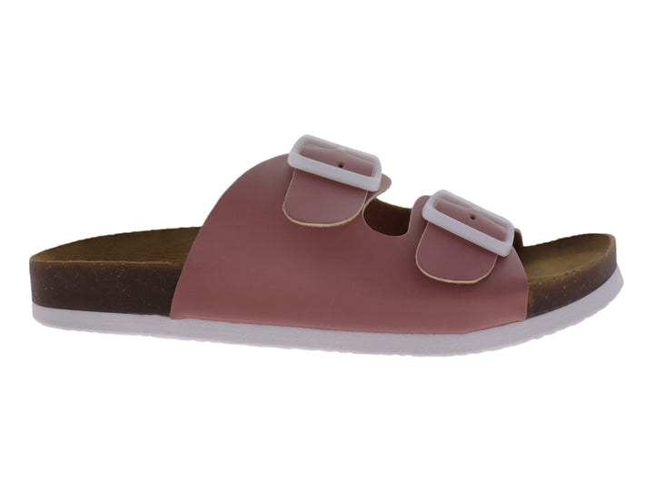 Sandalias infantiles color rosa con dos correas ajustables y hebillas blancas.