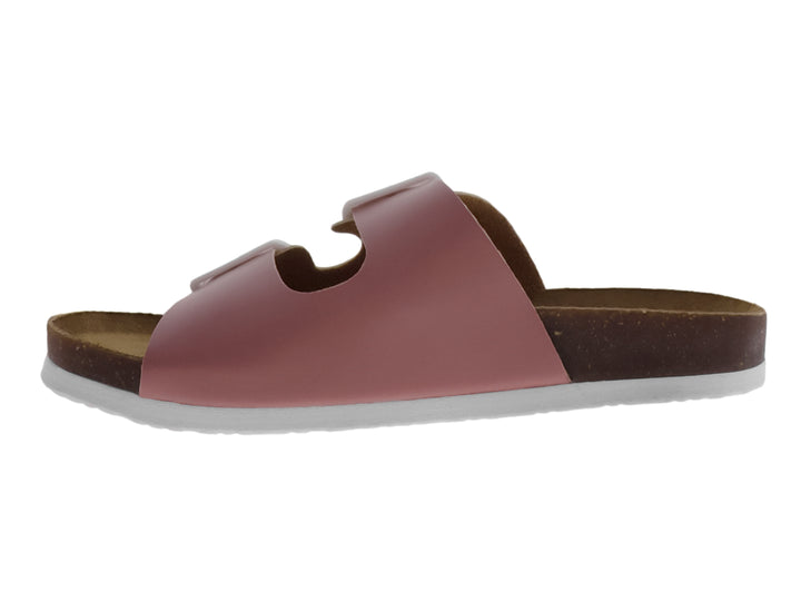 Sandalias infantiles color rosa con dos correas ajustables y hebillas blancas.