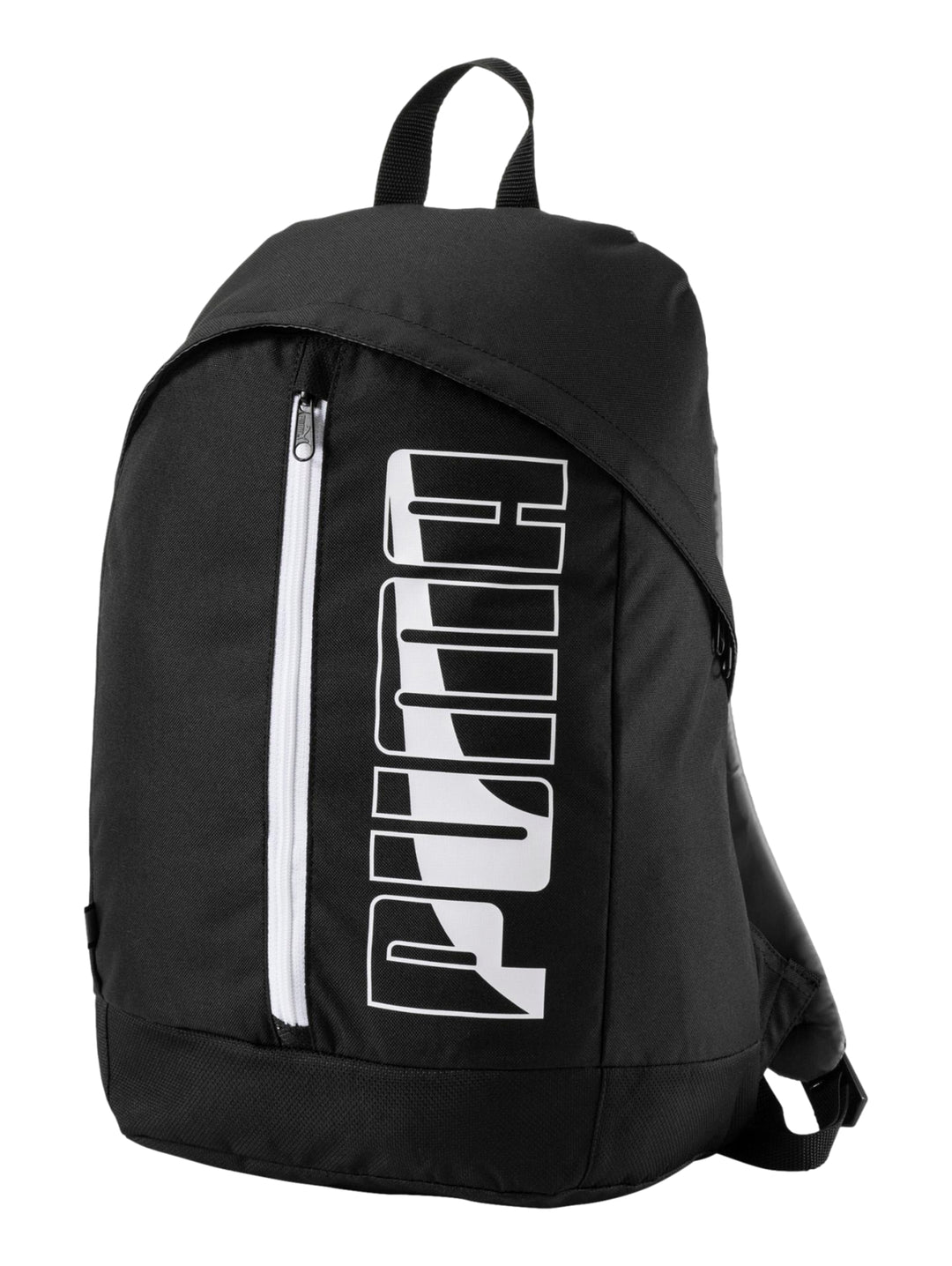 Mochila deportiva PUMA de color negro con logotipo blanco vertical y cierre frontal en contraste blanco.