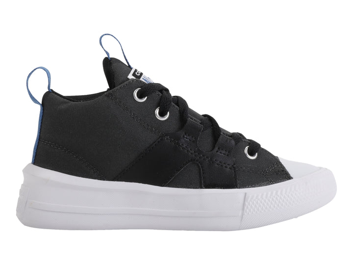 Tenis Converse color negro con suela blanca y tiradores azules.