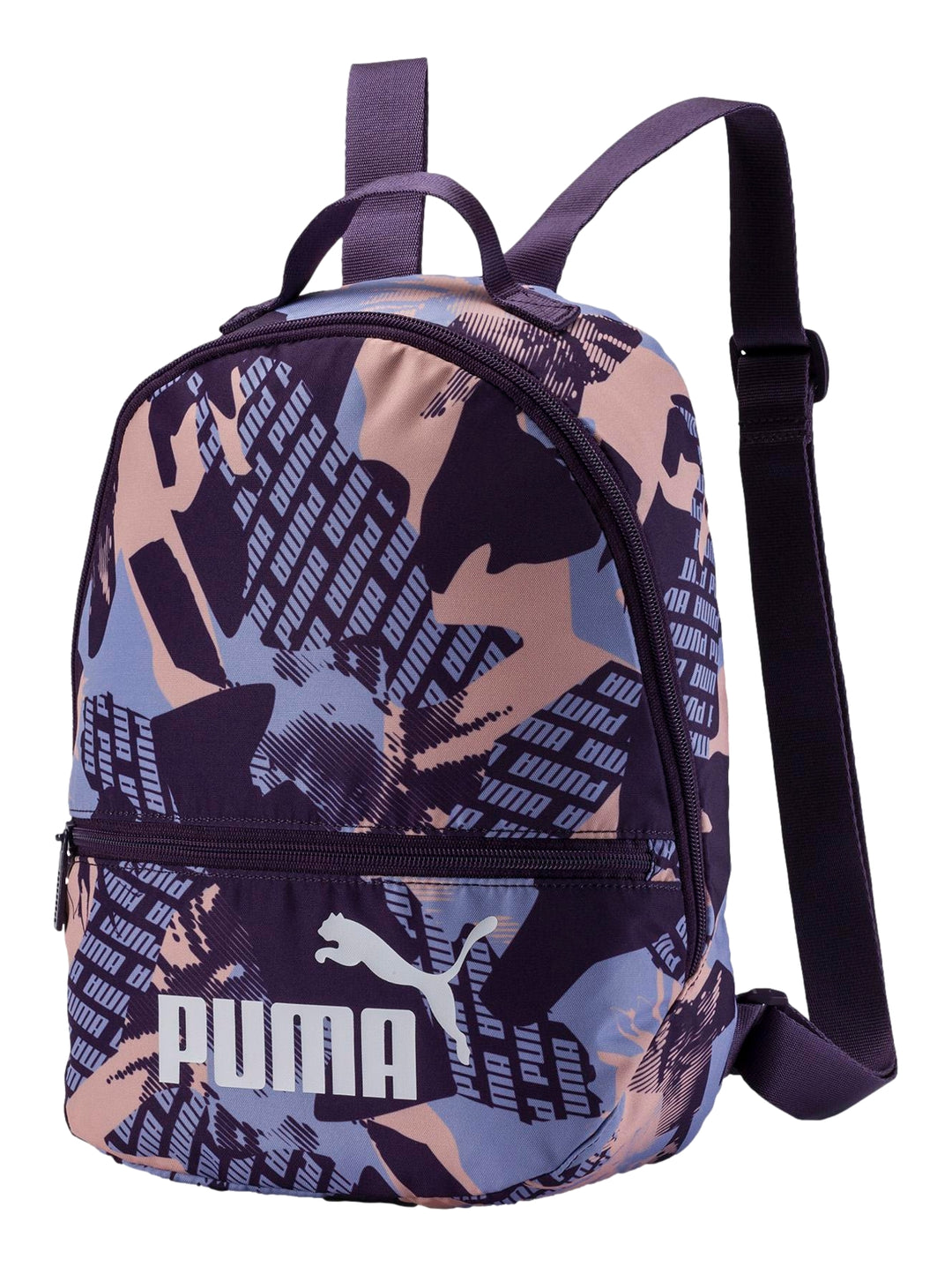 Mochila PUMA con estampado multicolor en tonos índigo, rosa y azul con logotipo blanco frontal.