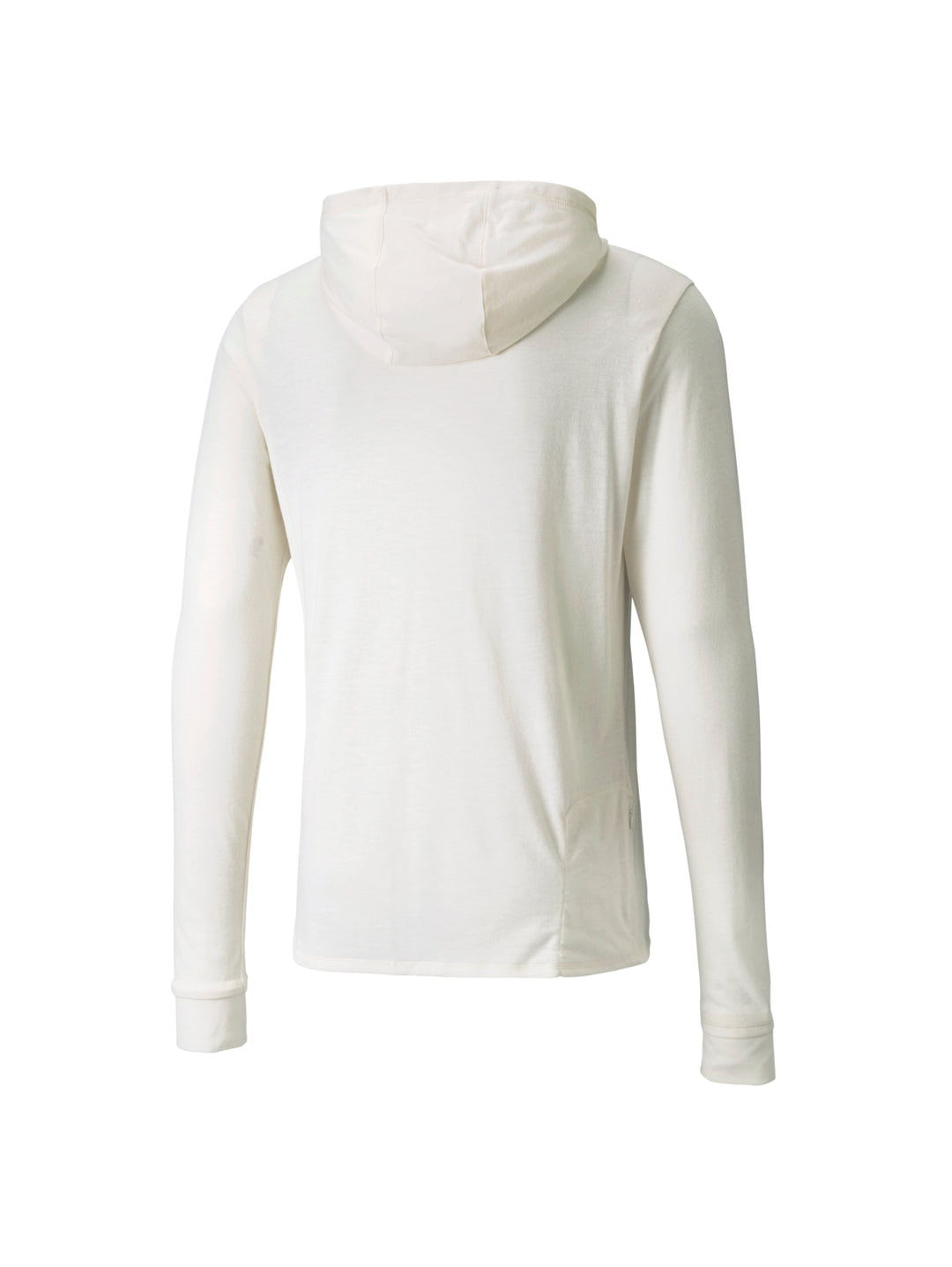 Hombre vistiendo sudadera deportiva PUMA de color ivory glow heather con capucha y manga larga.