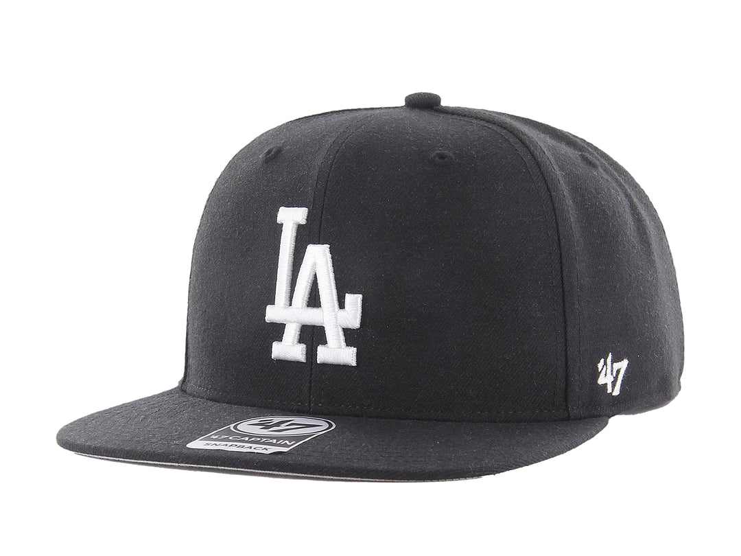 Gorra de béisbol negra de 47 Brand con logotipo blanco de los Dodgers de Los Ángeles y visera plana.