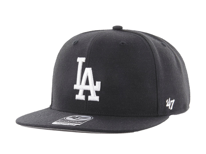 Gorra de béisbol negra de 47 Brand con logotipo blanco de los Dodgers de Los Ángeles y visera plana.