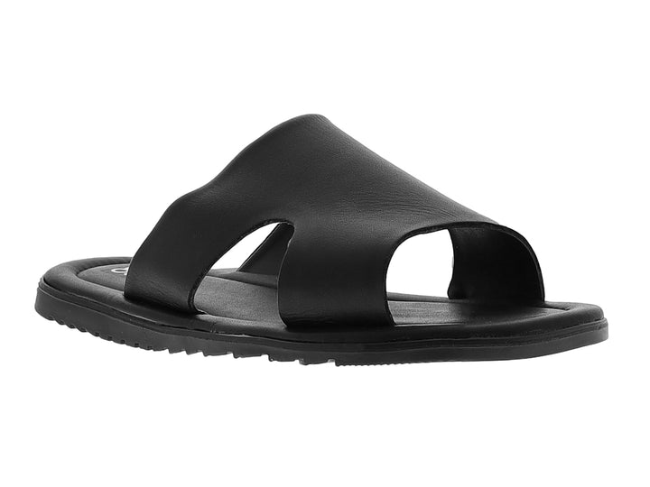 Sandalia slide de cuero color negro con diseño sencillo y correa ancha.