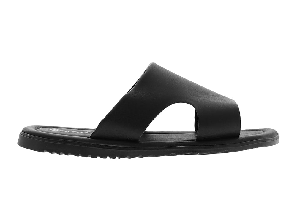 Sandalia slide de cuero color negro con diseño sencillo y correa ancha.