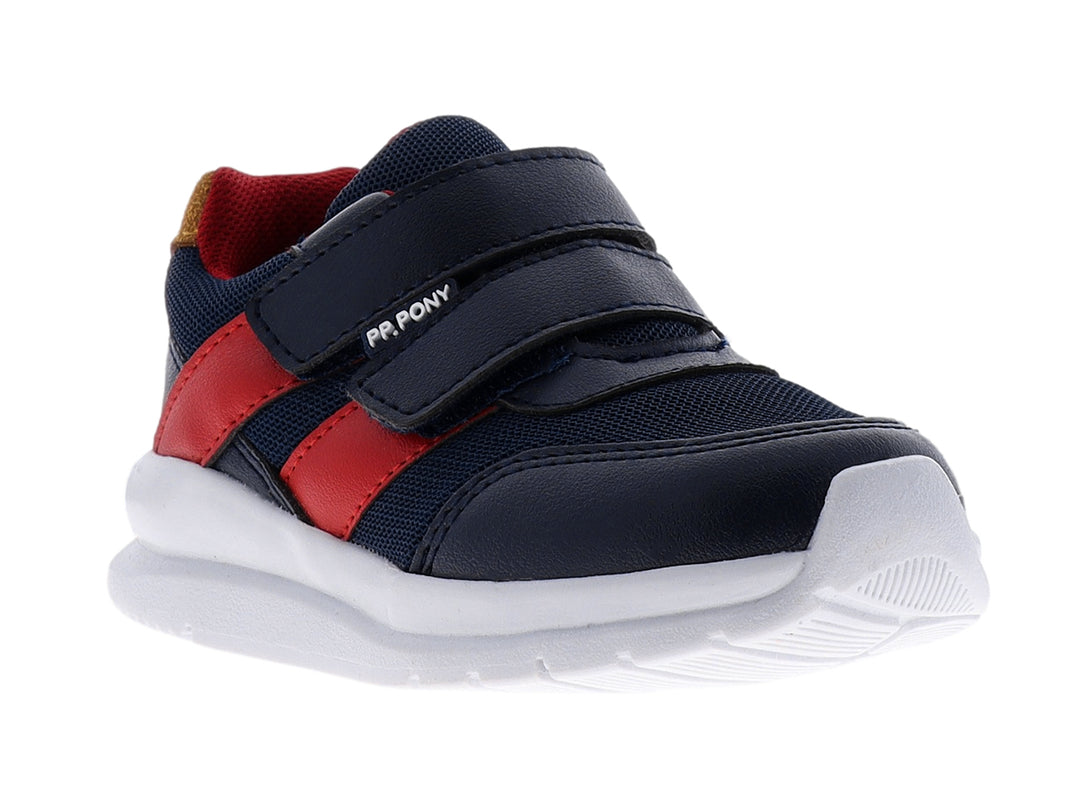 Zapato deportivo infantil PP PONY color azul marino con detalles en rojo y suela blanca.