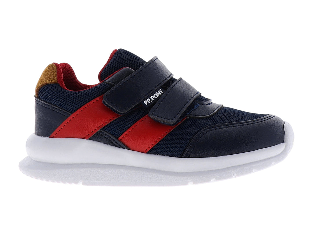 Zapato deportivo infantil PP PONY color azul marino con detalles en rojo y suela blanca.