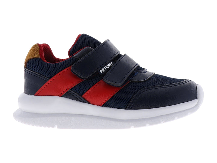 Zapato deportivo infantil PP PONY color azul marino con detalles en rojo y suela blanca.