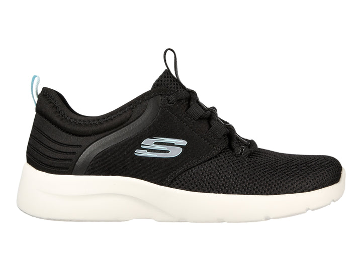 Tenis deportivos Skechers para mujer en color negro con suela blanca y detalles en aqua.