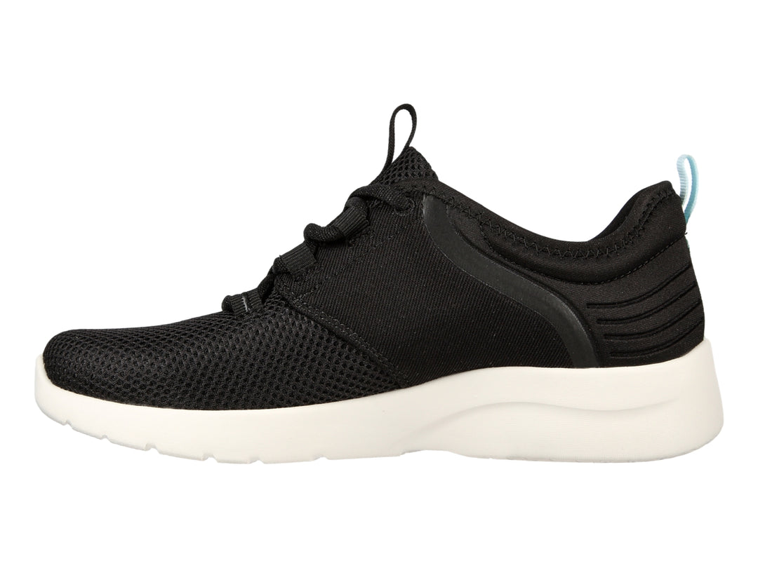 Tenis deportivos Skechers para mujer en color negro con suela blanca y detalles en aqua.