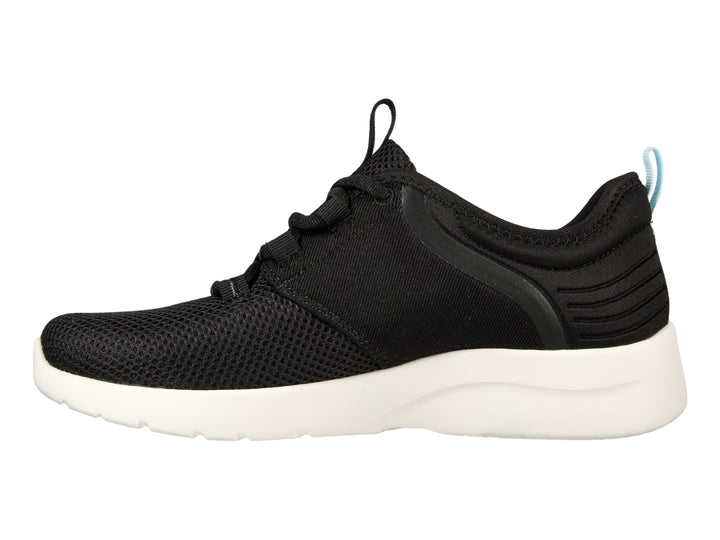 Tenis deportivos Skechers para mujer en color negro con suela blanca y detalles en aqua.