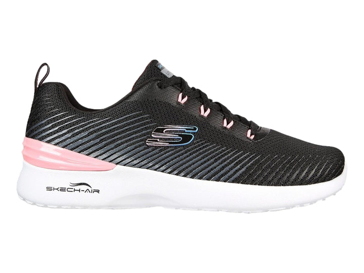 Tenis deportivos Skechers para mujer en color negro con detalles en rosa y suela blanca.