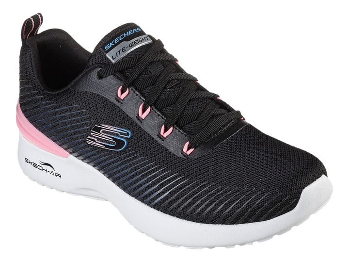 Tenis deportivos Skechers para mujer en color negro con detalles en rosa y suela blanca.