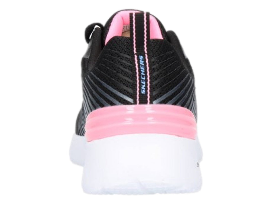 Tenis deportivos Skechers para mujer en color negro con detalles en rosa y suela blanca.