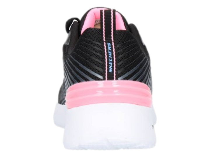 Tenis deportivos Skechers para mujer en color negro con detalles en rosa y suela blanca.