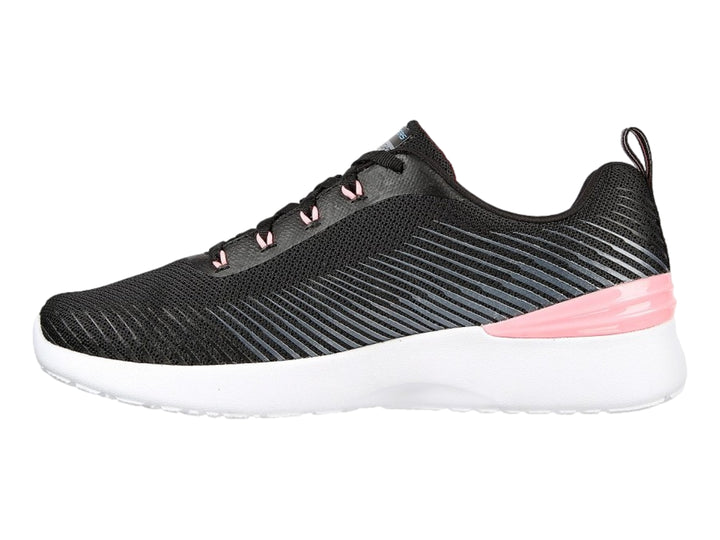 Tenis deportivos Skechers para mujer en color negro con detalles en rosa y suela blanca.