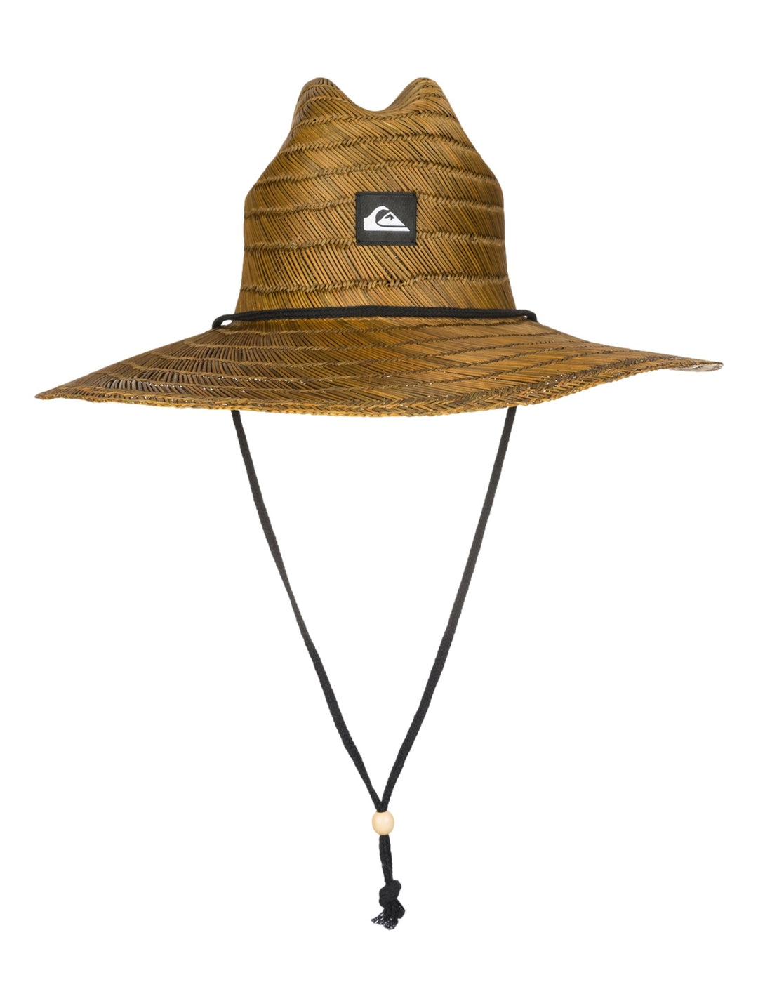 Sombrero de pesca de ala ancha color marrón oscuro tejido con cordón ajustable negro.