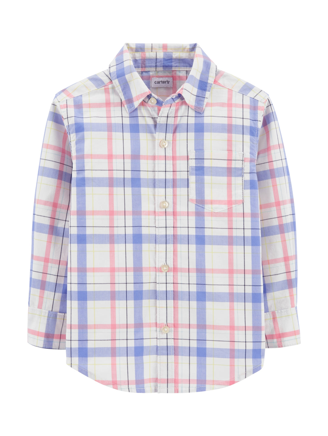 Camisa de manga larga para niño con estampado de cuadros en colores azul, rosa y amarillo sobre fondo blanco.