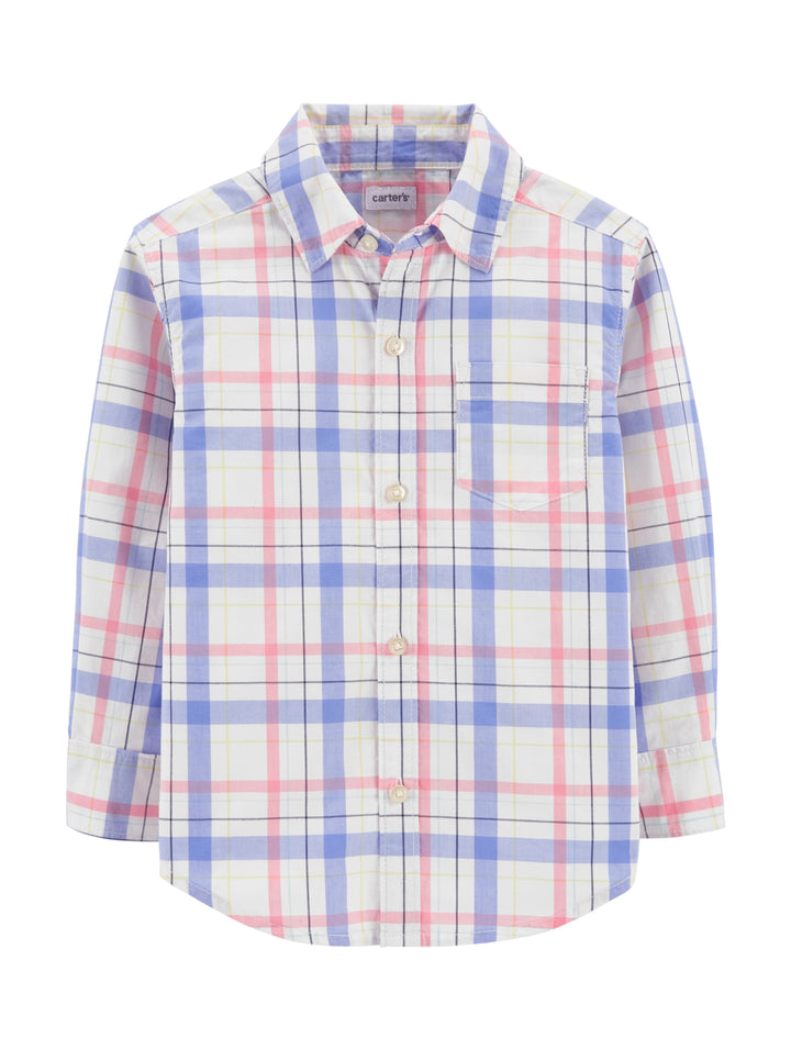 Camisa de manga larga para niño con estampado de cuadros en colores azul, rosa y amarillo sobre fondo blanco.