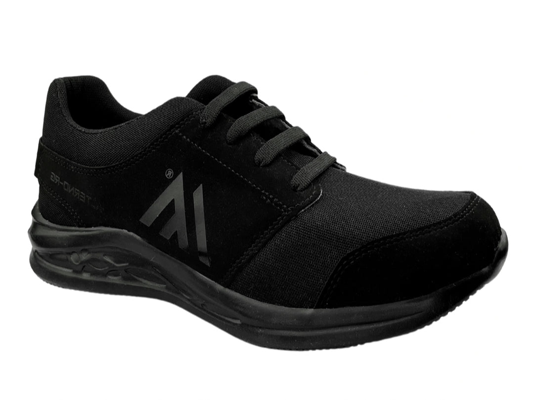 Zapato deportivo negro de la marca Alterno, fabricado en material sintético y malla con agujetas.