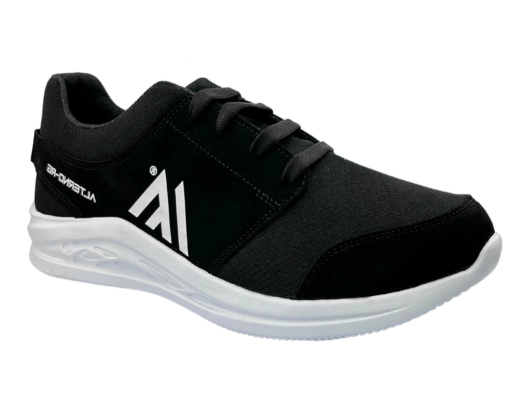 Tenis deportivos marca Alterno en color negro con suela y logotipo blanco.