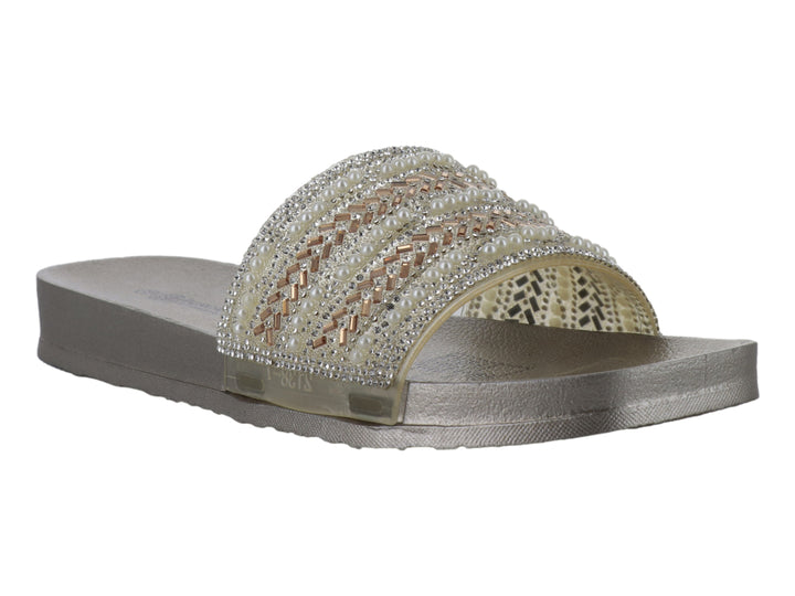 Sandalia slide color dorado con correa adornada con cristales brillantes.
