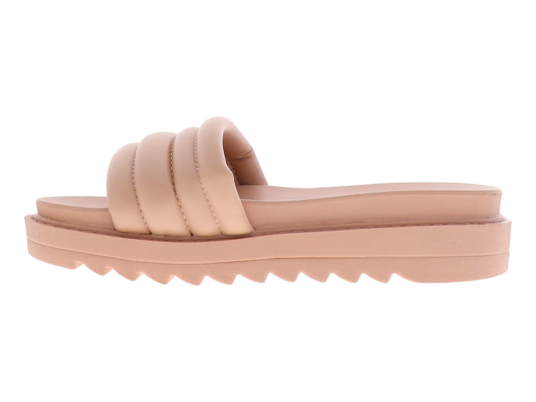 Sandalia de plataforma color rosa con tiras acolchadas y suela dentada.