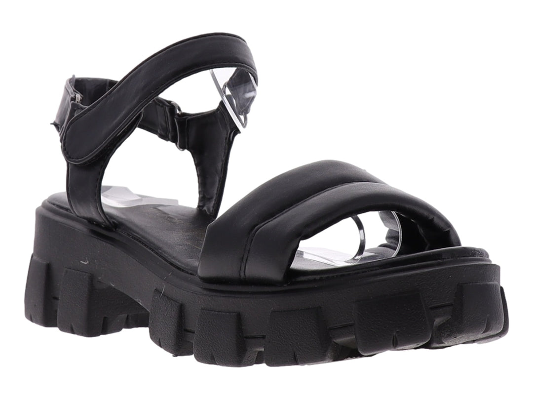 Sandalia negra de plataforma con suela track y correas ajustables.