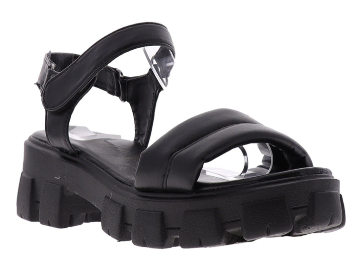 Sandalia negra de plataforma con suela track y correas ajustables.