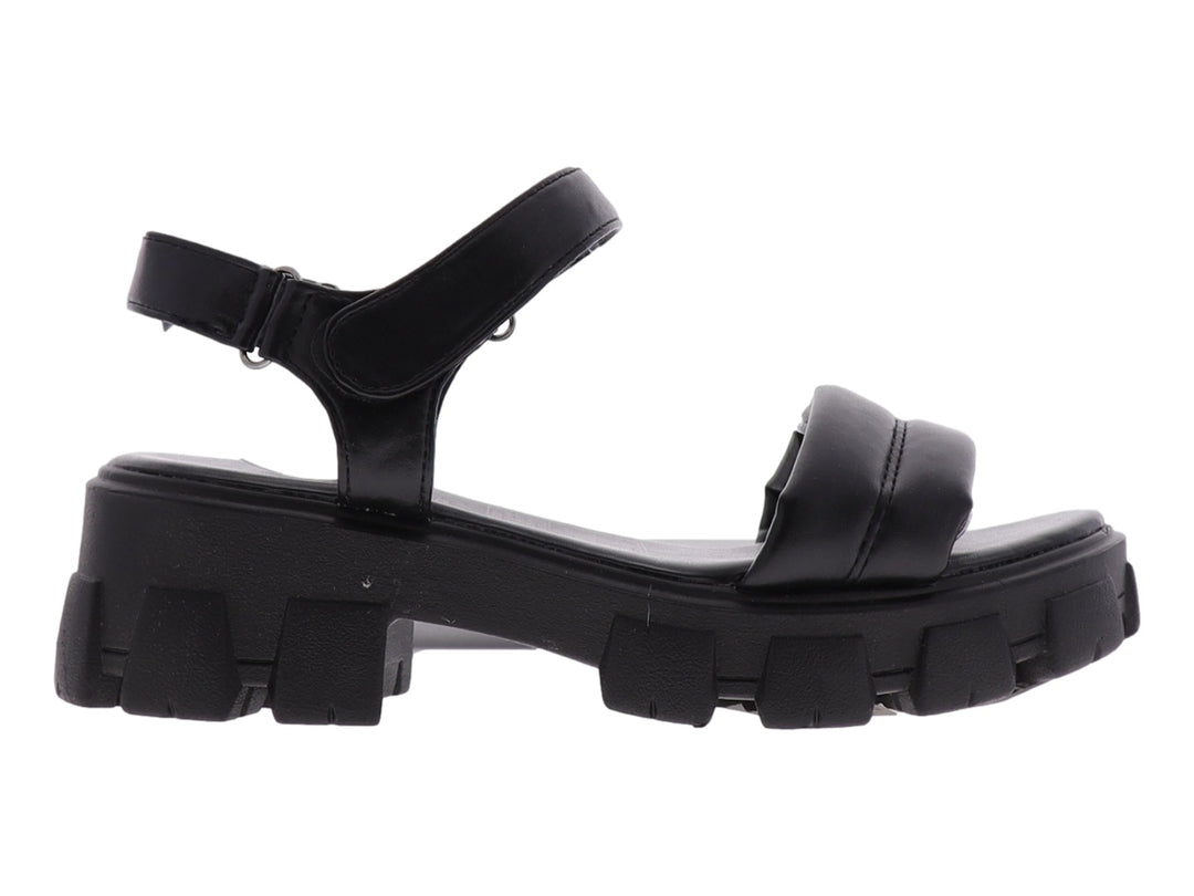 Sandalia negra de plataforma con suela track y correas ajustables.