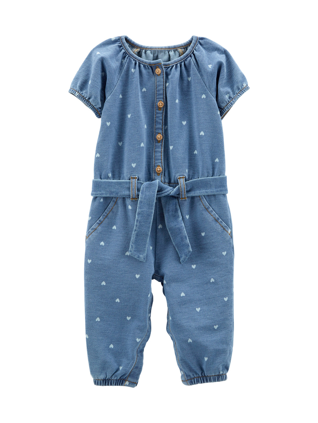 Mono azul para bebé con estampado de corazones, botones frontales y cinturón ajustable.