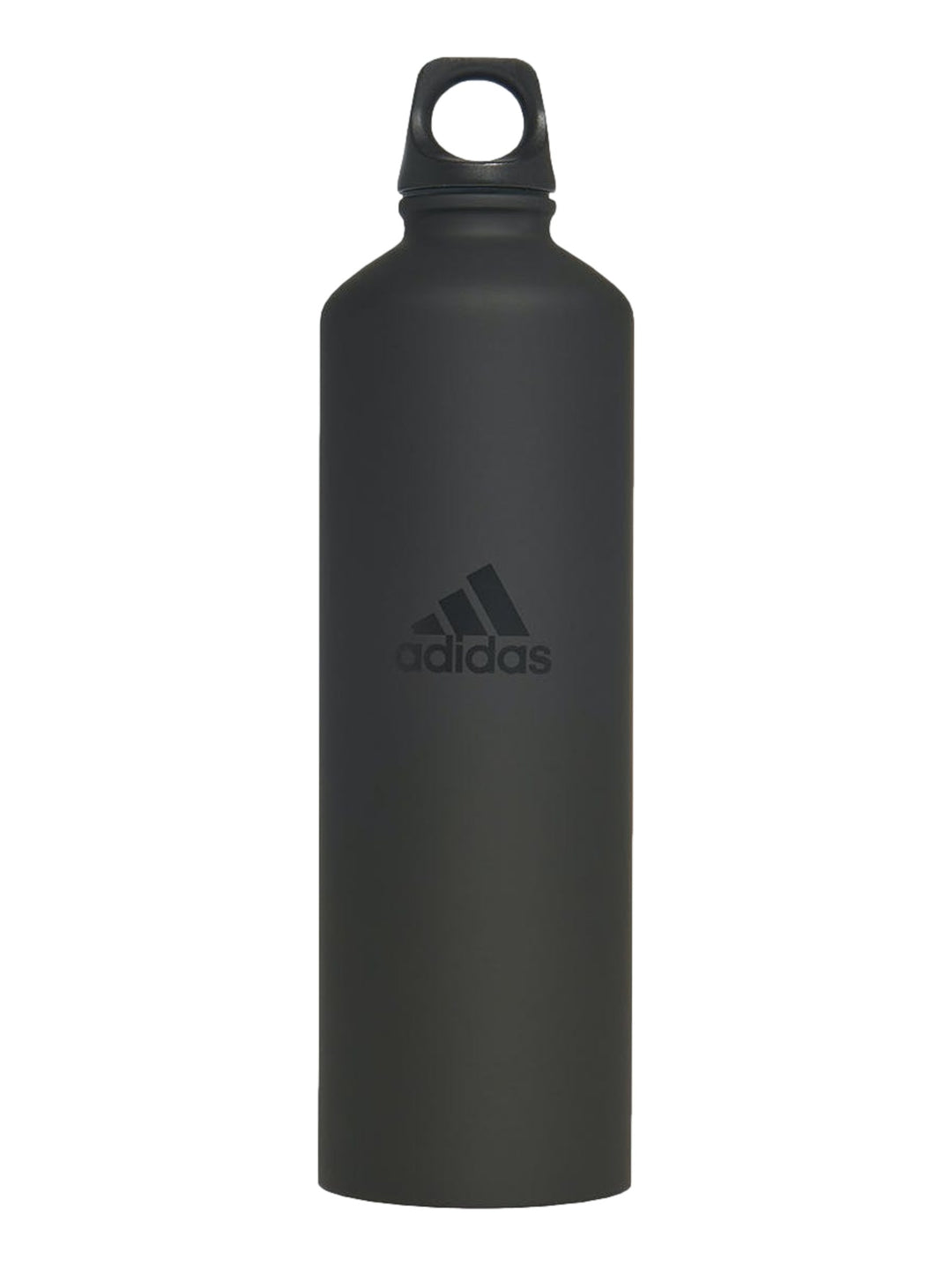 Botella de acero inoxidable Adidas color negro mate con tapa integrada y asa para transporte.
