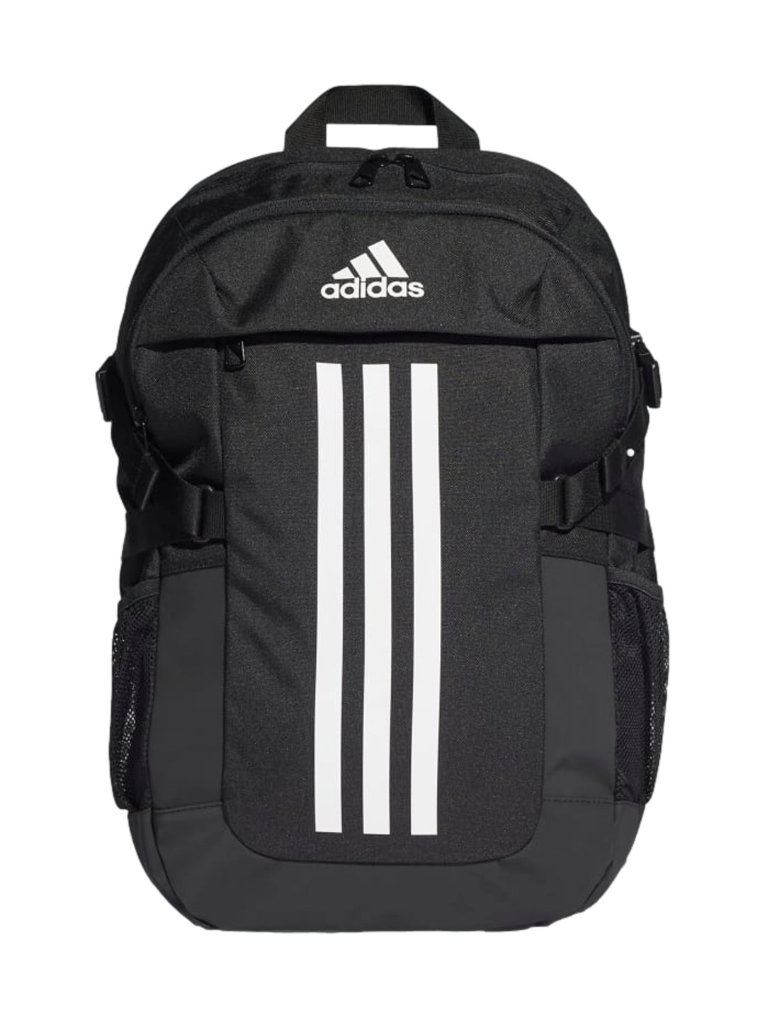Mochila Adidas Power VI color negro con tres franjas blancas verticales y logotipo de la marca en el frente.
