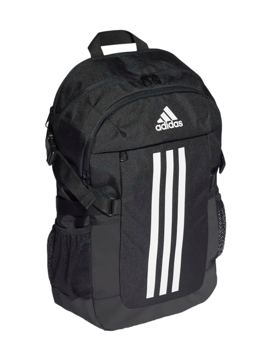 Mochila Adidas Power VI color negro con tres franjas blancas verticales y logotipo de la marca en el frente.