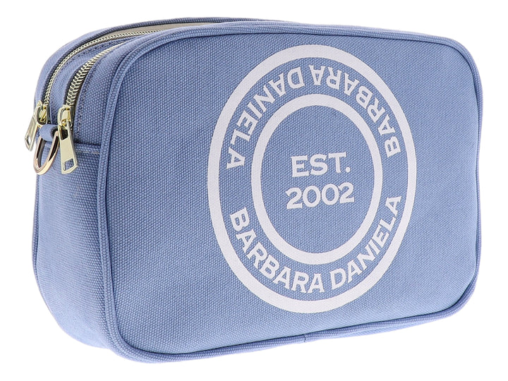 Bolsa de hombro color azul marino con logotipo circular blanco de Barbara Daniela en el centro.