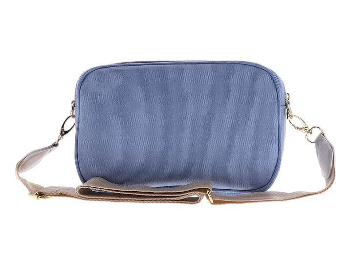 Bolsa de hombro color azul marino con logotipo circular blanco de Barbara Daniela en el centro.