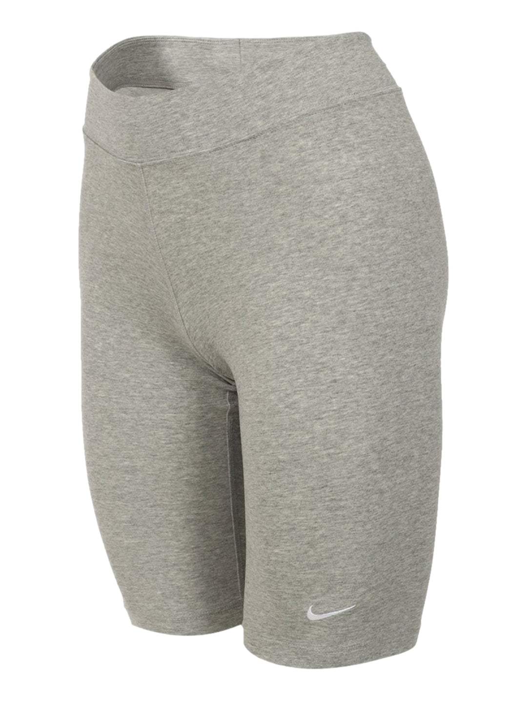 Mujer vistiendo shorts tipo biker de color gris jaspeado de la marca Nike.