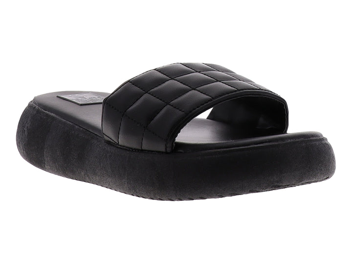 Sandalia casual slide para mujer en color negro con correa acolchada y suela gruesa.