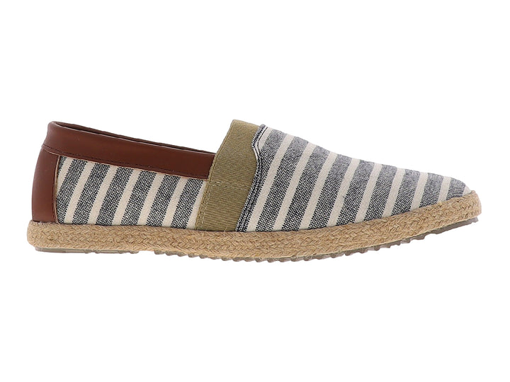 Zapato plano tipo alpargata con rayas beige y negro, suela de yute y detalle marrón en el talón.