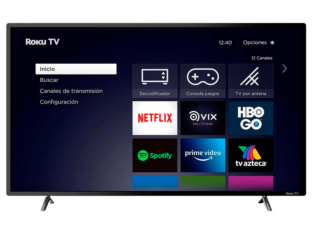 Televisor Smart TV JVC de 58 pulgadas color negro con interfaz de Roku integrada en pantalla.